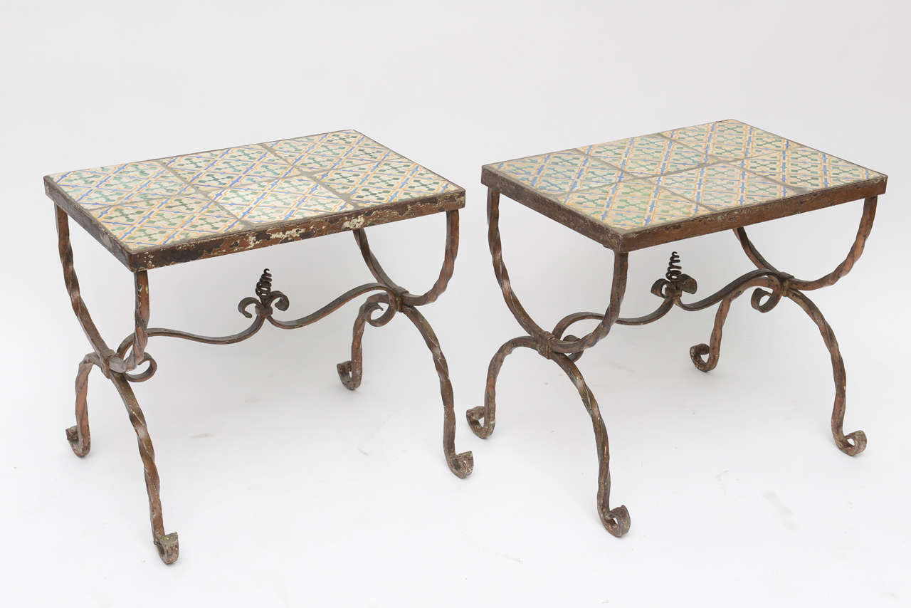 American Pair of Tile-Top Iron Tables