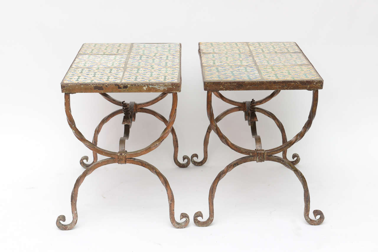 Pair of Tile-Top Iron Tables In Fair Condition In West Palm Beach, FL