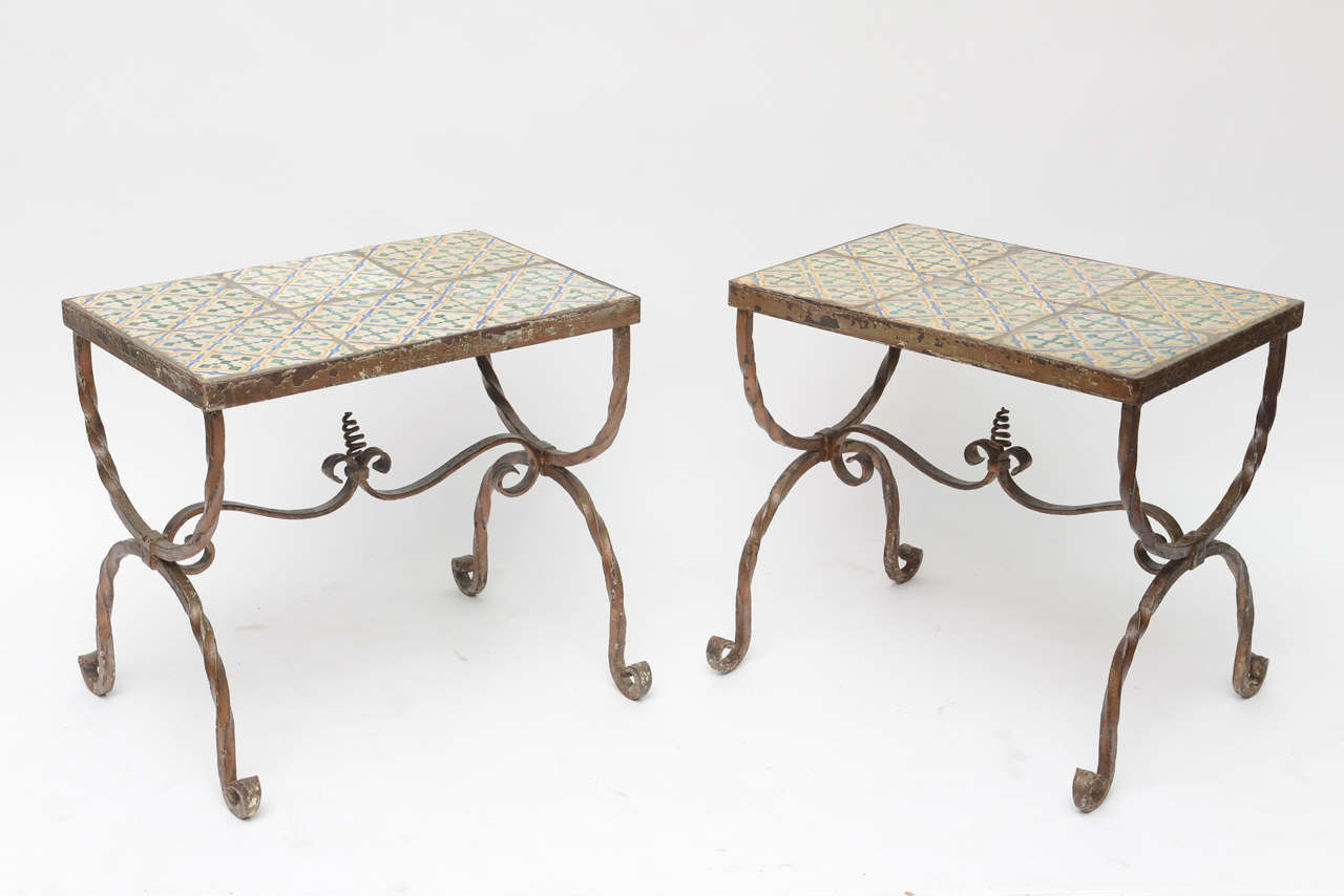 Early 20th Century Pair of Tile-Top Iron Tables