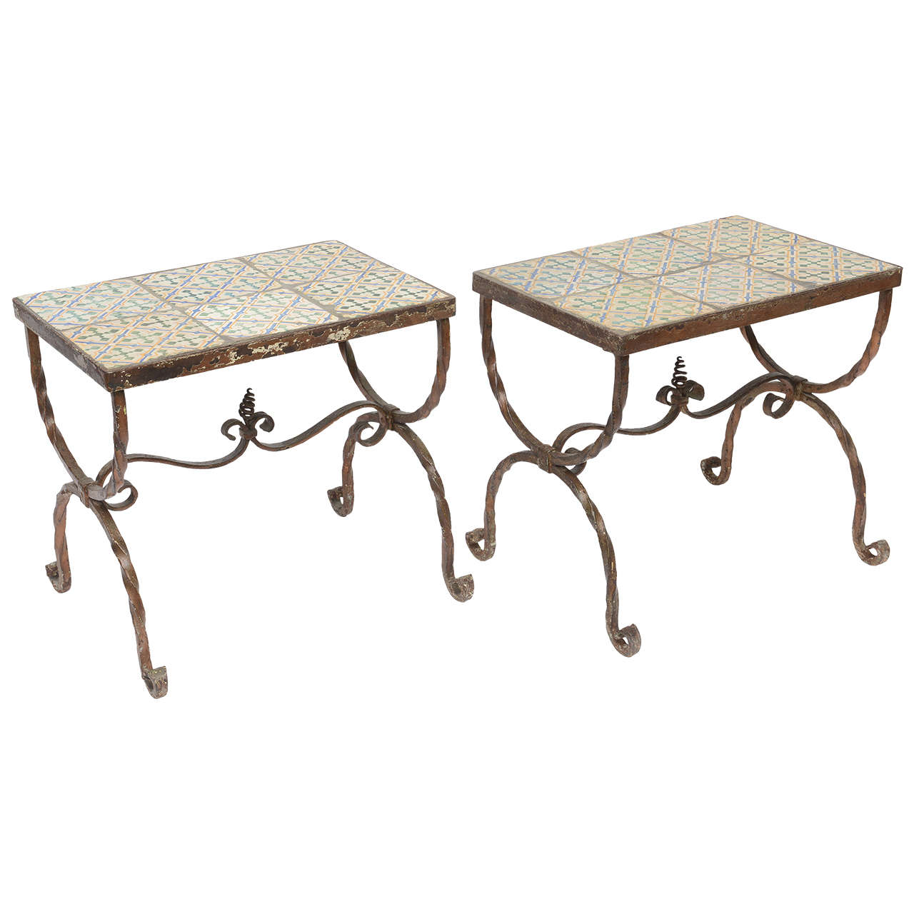Pair of Tile-Top Iron Tables