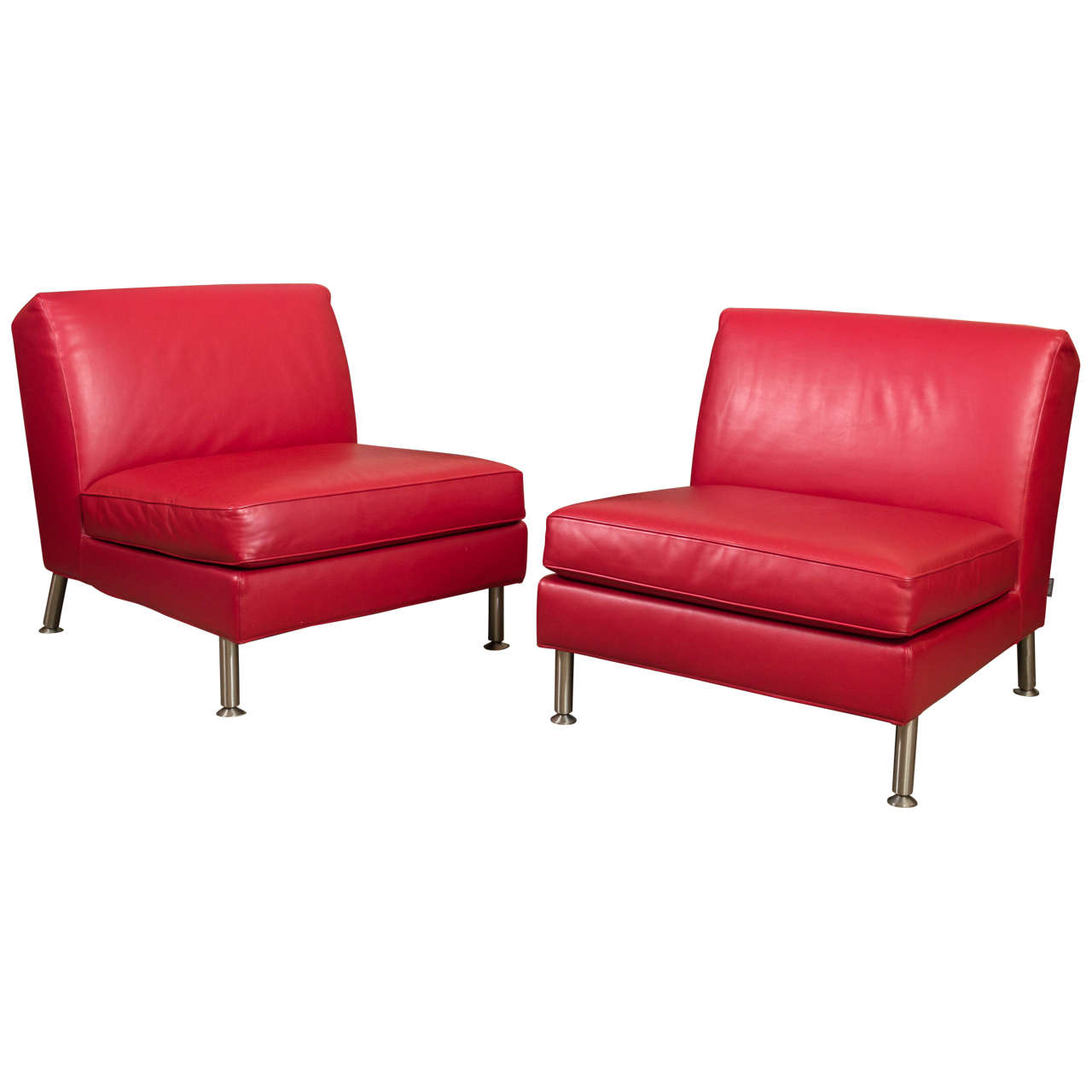 Pair of Italian Red Leather Lounge Chairs by Minotti