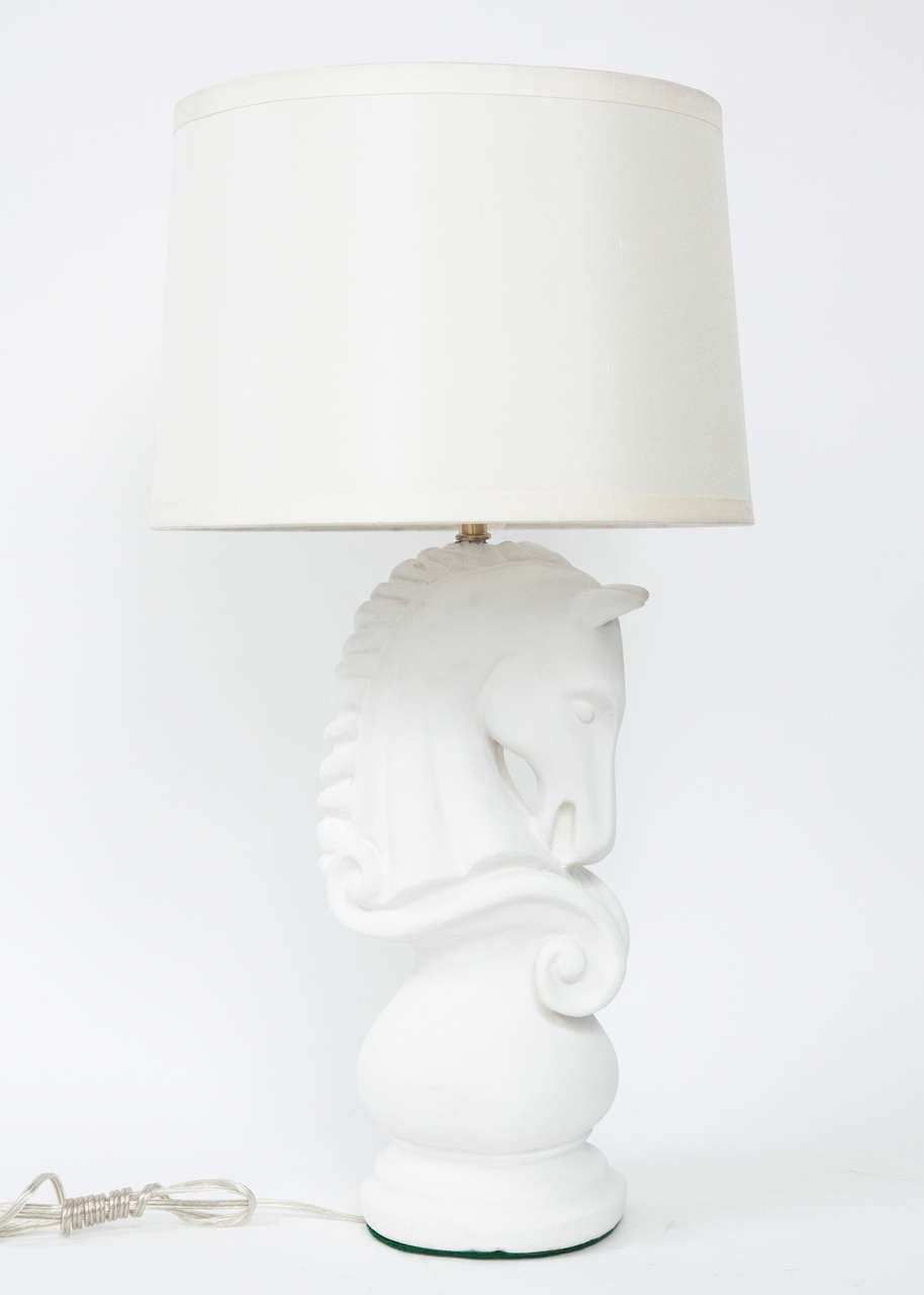 20th Century Pair of Art Deco Plaster Horse Pawn Lamps