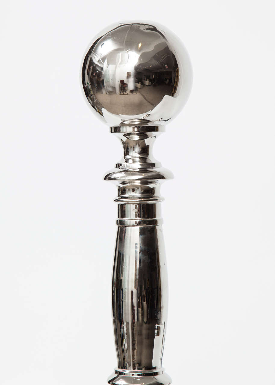 Pair of Art Deco Polished Nickel Cannonball Andirons In Excellent Condition In New York, NY