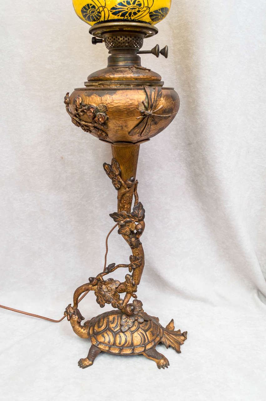 Art Nouveau Figural Bronze and Cameo Glass Kerosene Lamp In Excellent Condition In Petaluma, CA