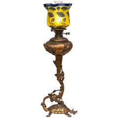 Antique Art Nouveau Figural Bronze and Cameo Glass Kerosene Lamp