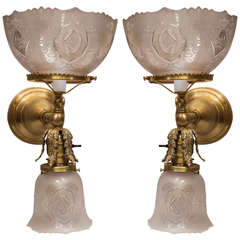 Pair of Late Victorian Two-Arm Sconces, One Arm Gas and One Arm Electric