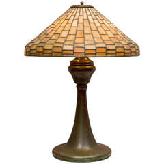 Antique Signed ''Tiffany Studios'' Leaded Glass Geometric Table Lamp