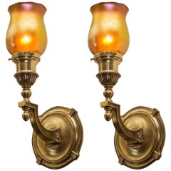 Antique Pair of Bronze and Art Glass Sconces by 'Sterling Bronze Co.', N.Y