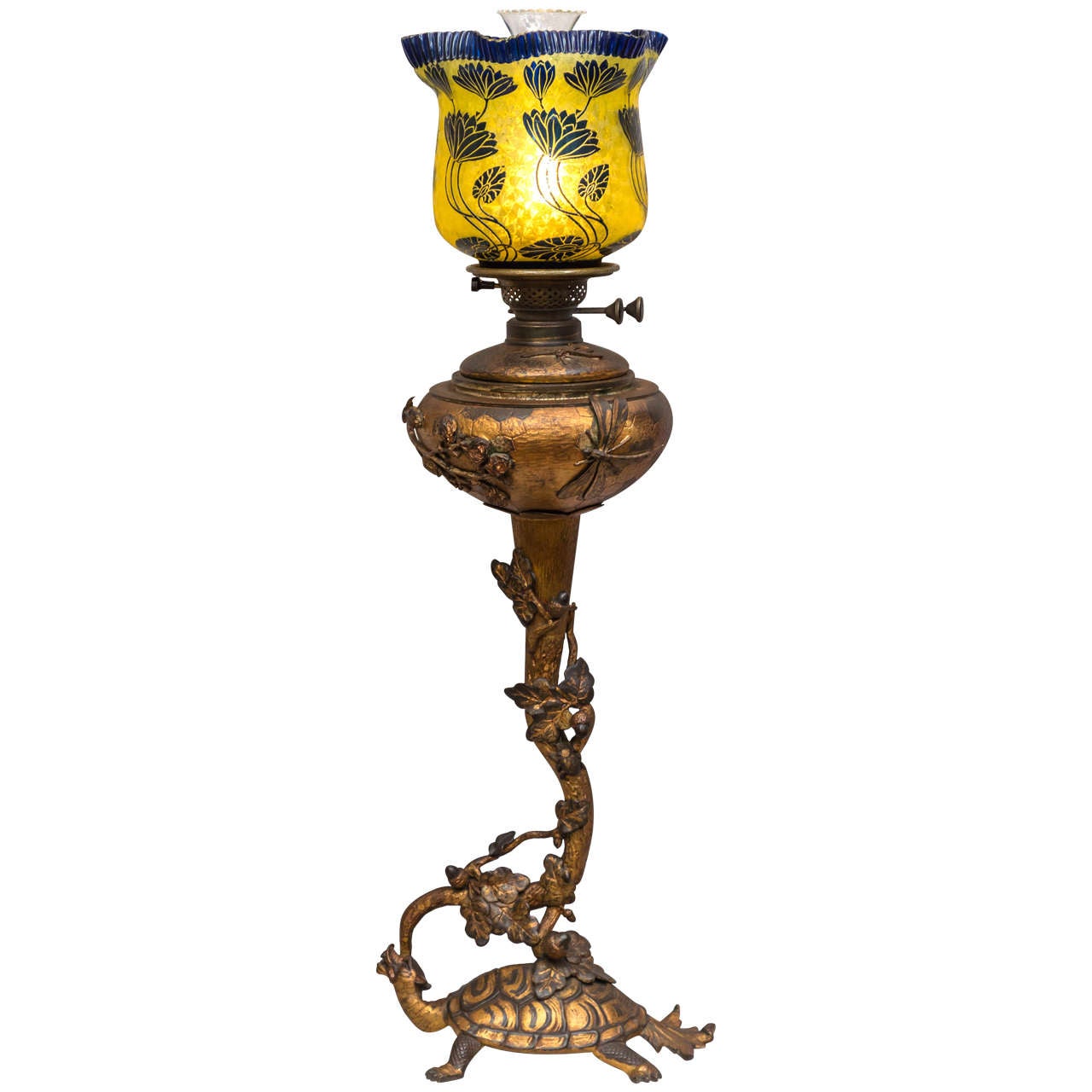 Art Nouveau Figural Bronze and Cameo Glass Kerosene Lamp at 1stDibs