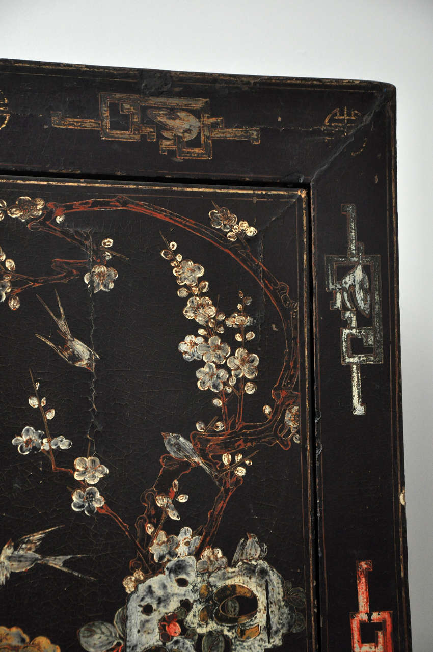 Wood 20th Century Chinese Black Lacquer Cabinet with Floral Design