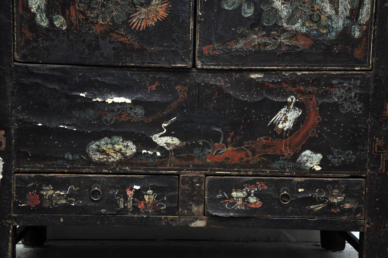20th Century Chinese Black Lacquer Cabinet with Floral Design In Good Condition In Chicago, IL