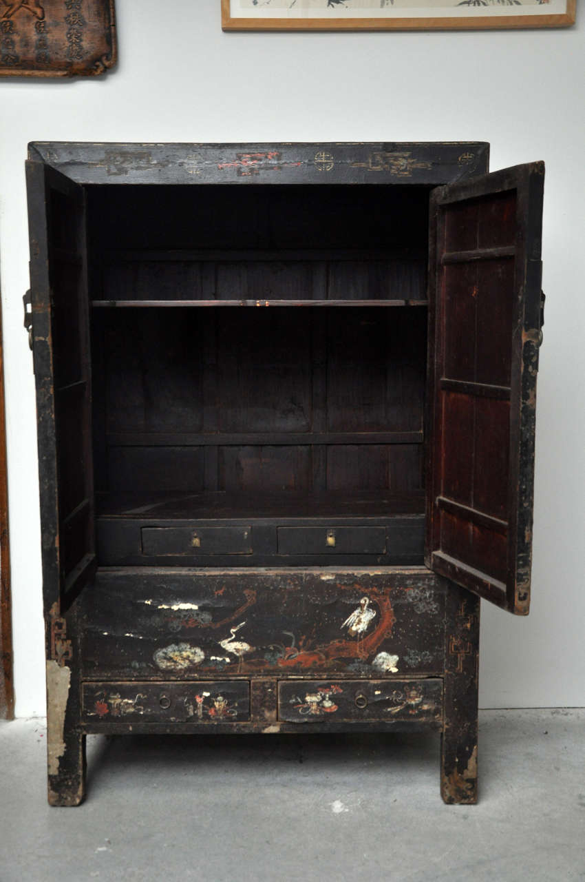 20th Century Chinese Black Lacquer Cabinet with Floral Design 2