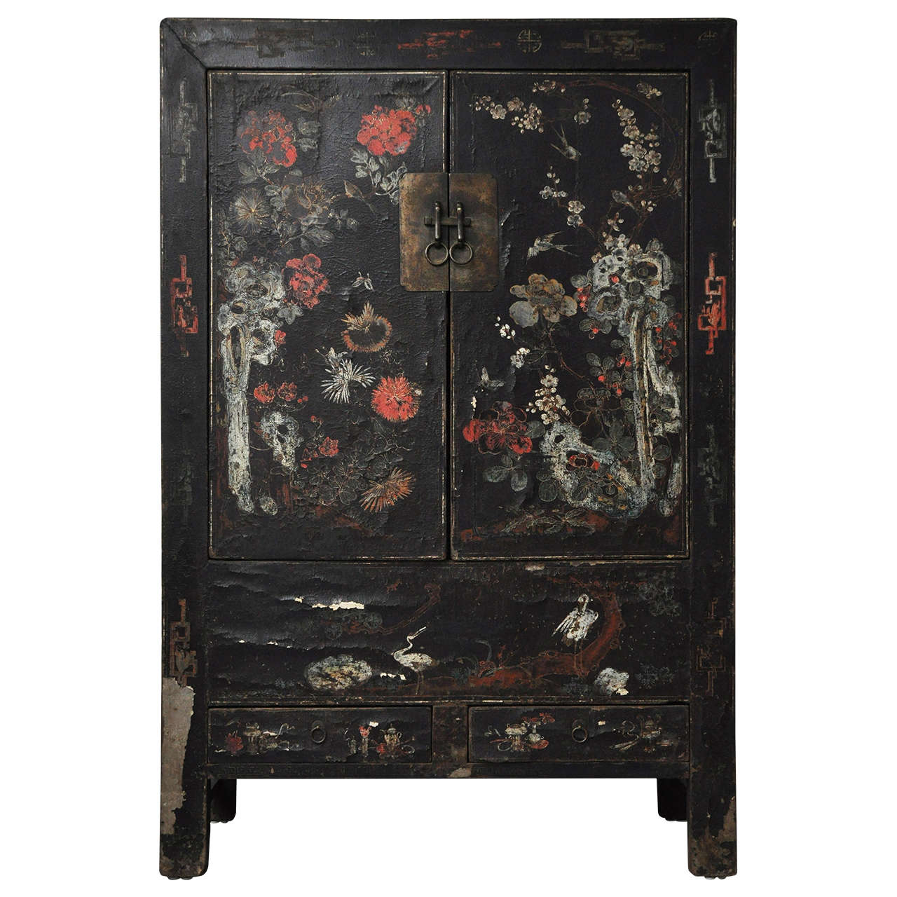 20th Century Chinese Black Lacquer Cabinet with Floral Design