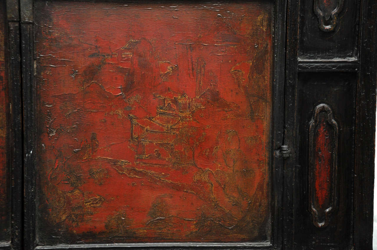 18th Century Painted Chinese Black Lacquer Two-Piece Cabinet In Fair Condition In Chicago, IL