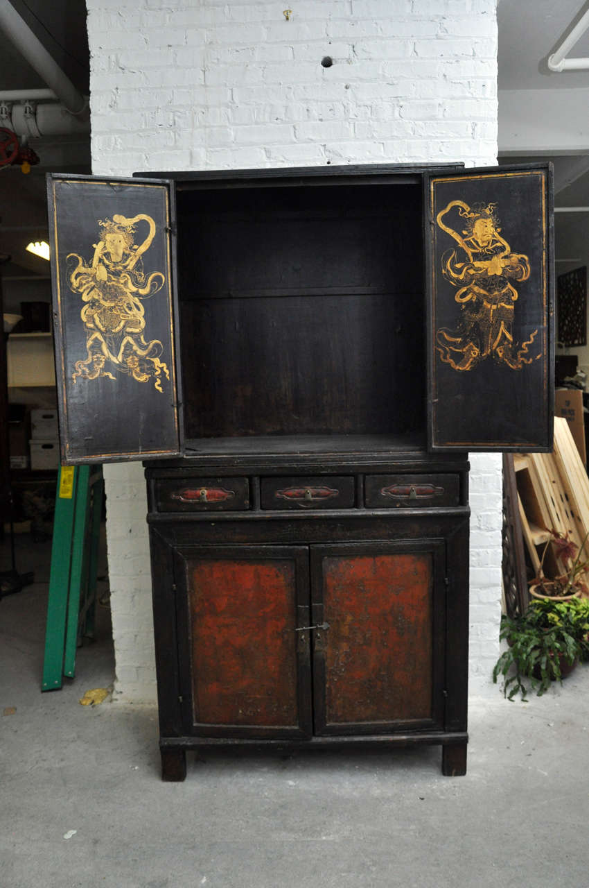Wood 18th Century Painted Chinese Black Lacquer Two-Piece Cabinet