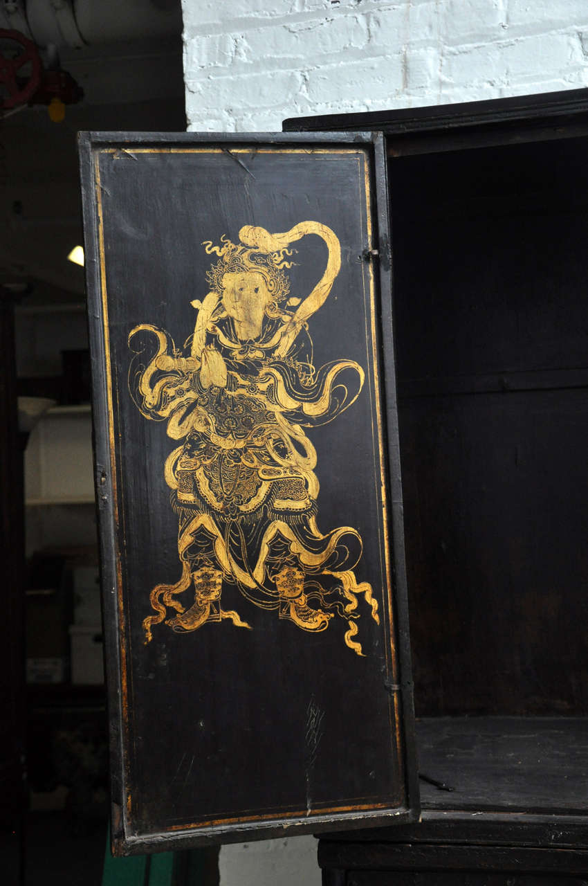 18th Century Painted Chinese Black Lacquer Two-Piece Cabinet 1