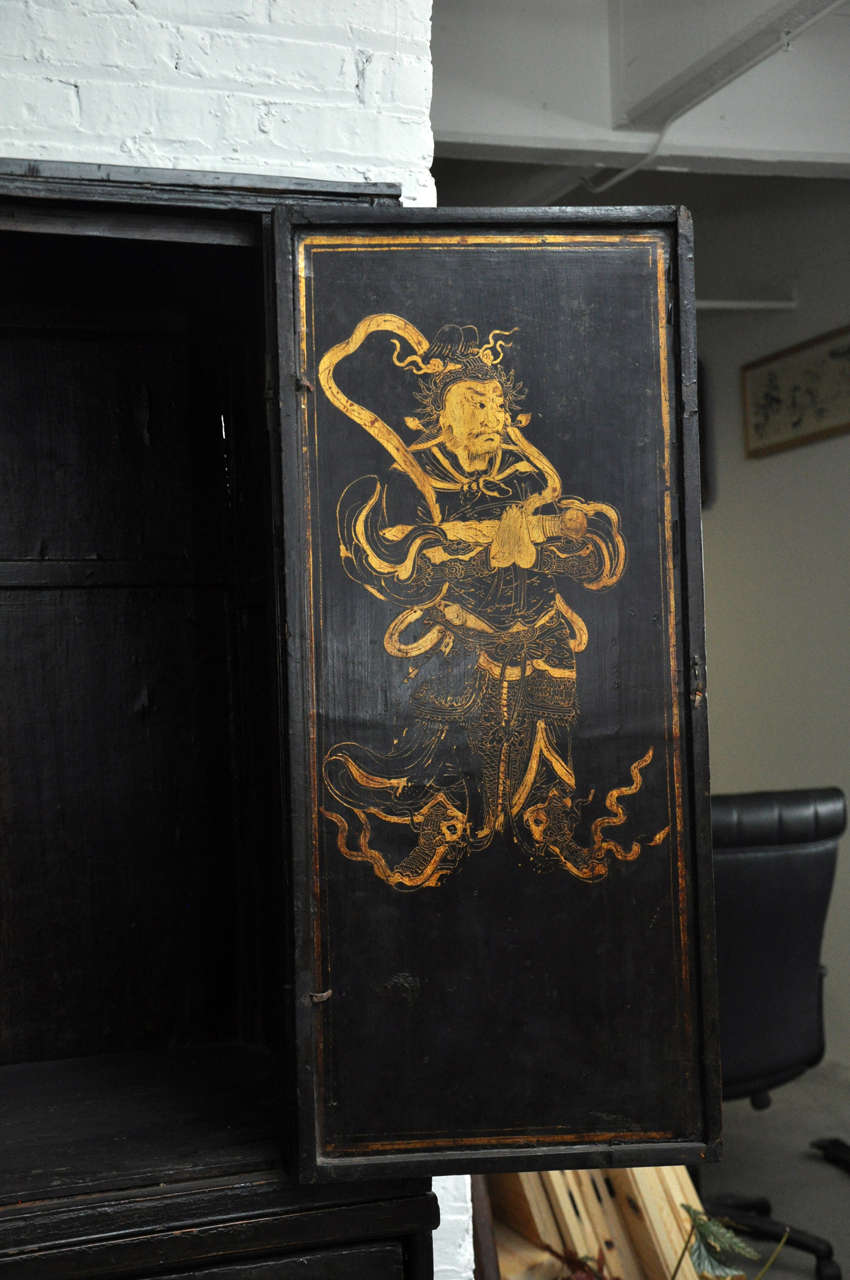 18th Century Painted Chinese Black Lacquer Two-Piece Cabinet 2