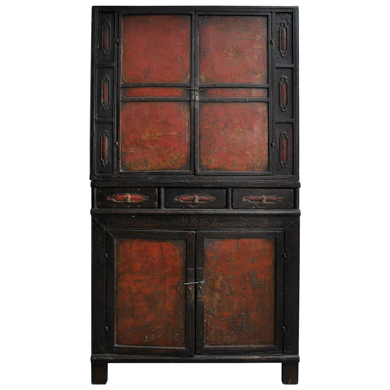 18th Century Painted Chinese Black Lacquer Two-Piece Cabinet