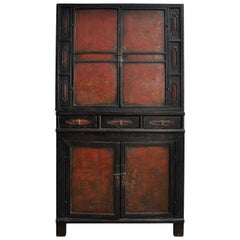 18th Century Painted Chinese Black Lacquer Two-Piece Cabinet