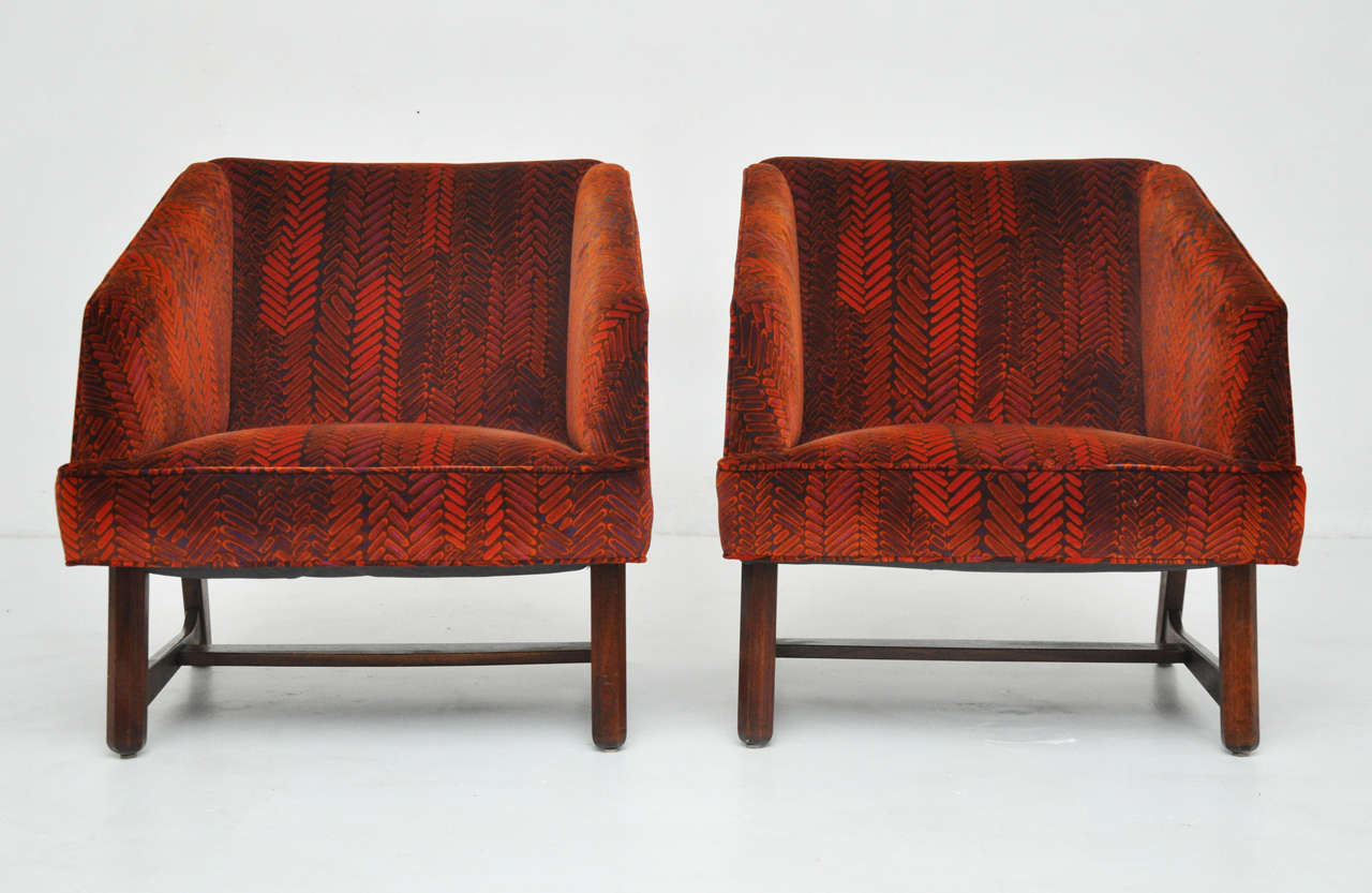 Pair of lounge chairs with original Jack Lenor Larsen velvet attributed to Harvey Probber.  Walnut bases. 
