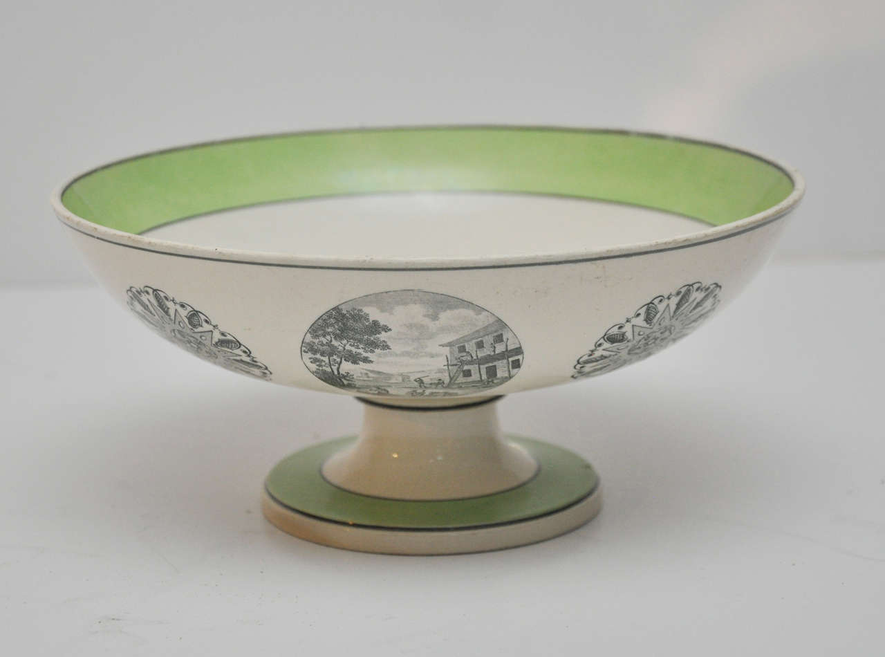 A beautiful English transferware footed compote, Stone and Cocoreil, with Rare Green Color and banded decoration, Circa 1819