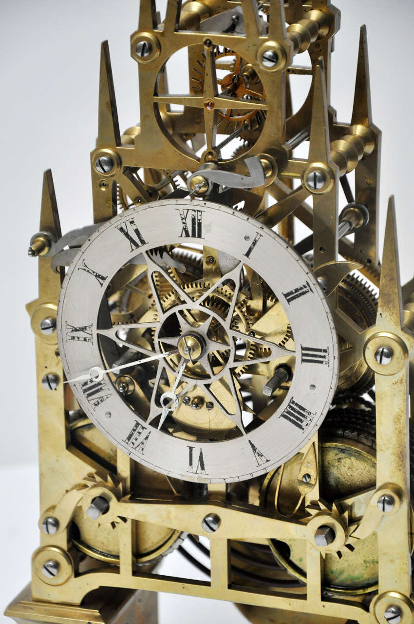 European Fine Brass Skeleton Touchon Repeater Clock Timer, Eight-Day England circa 1870 For Sale