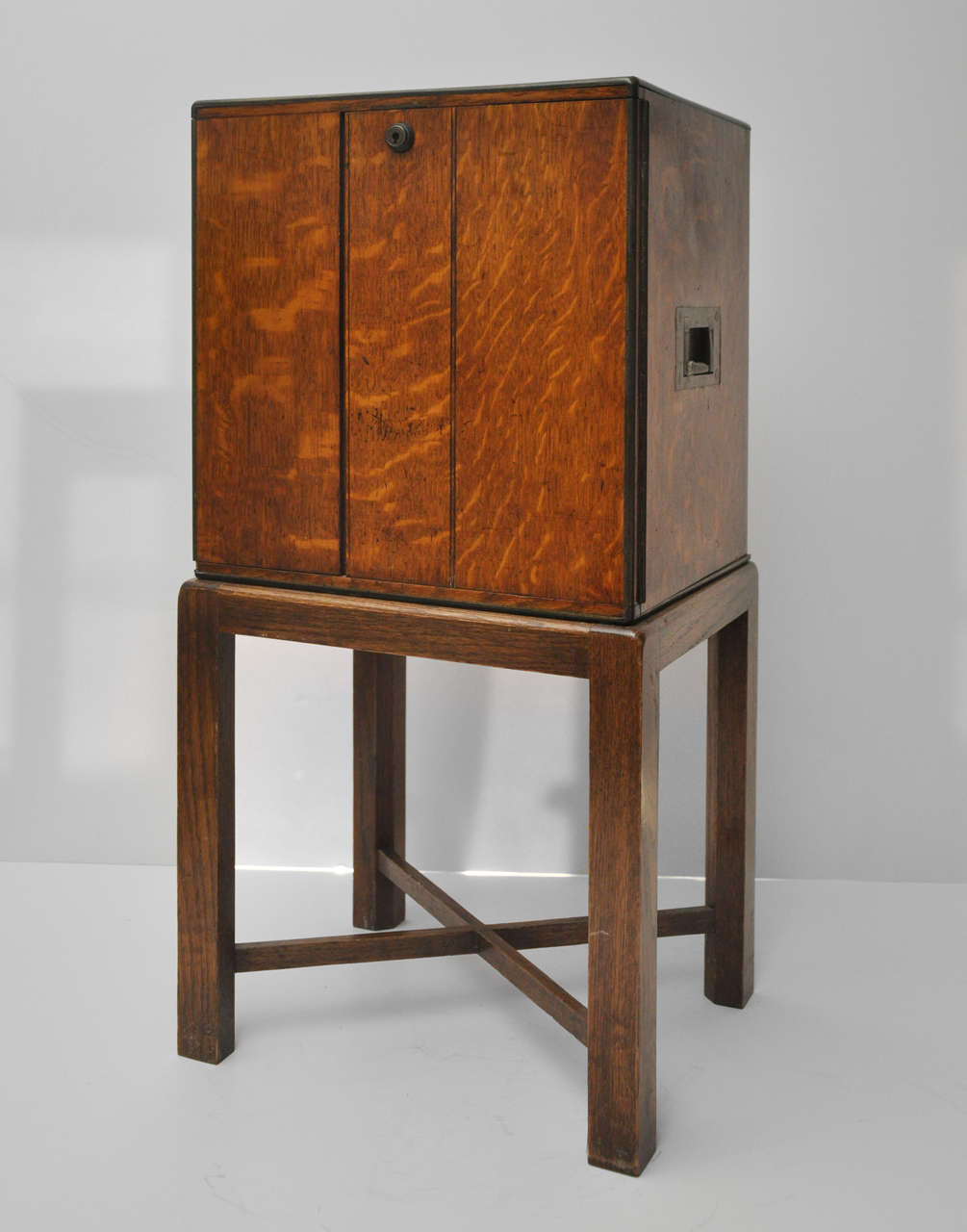 English Cigar Humidor Pollard Oak. Three storage drawers, cedar lined. Removable wooden stand is of a later date. Circa, 1890