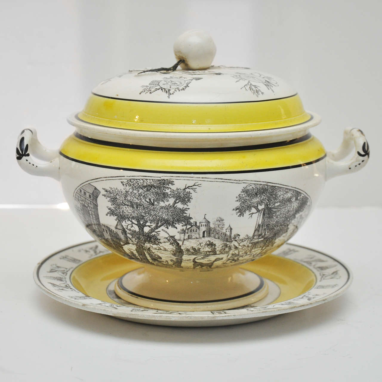 French Yellow and White Banded Creil Tureen, with lid and associated under plate, Circa 1820