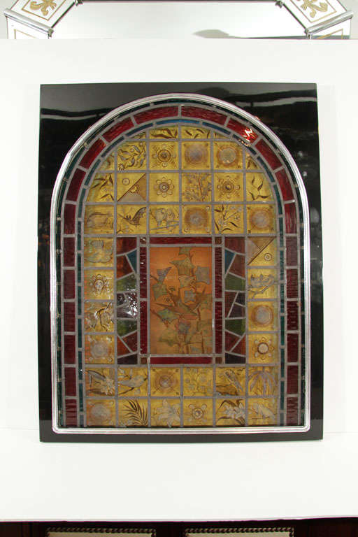 19th Century Spectacular Aesthetic Movement Stained Glass Window in Ebonized Walnut Frame