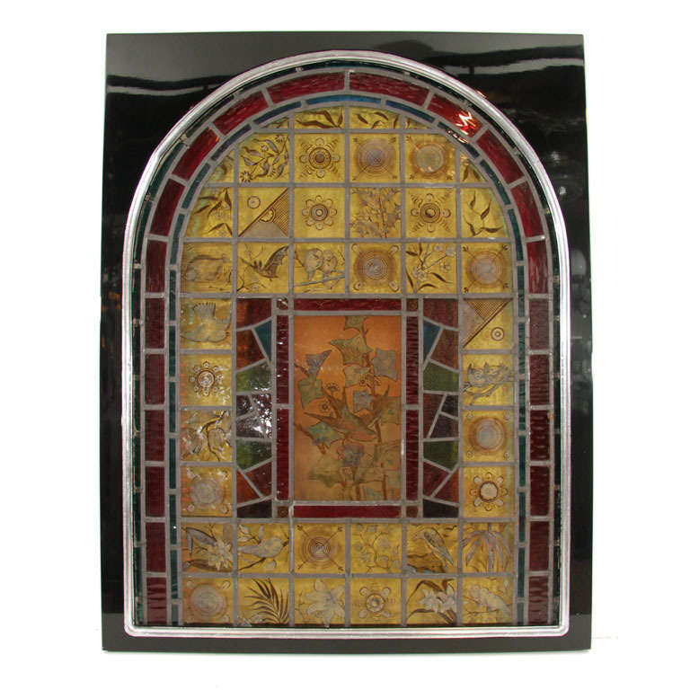 Spectacular Aesthetic Movement Stained Glass Window in Ebonized Walnut Frame