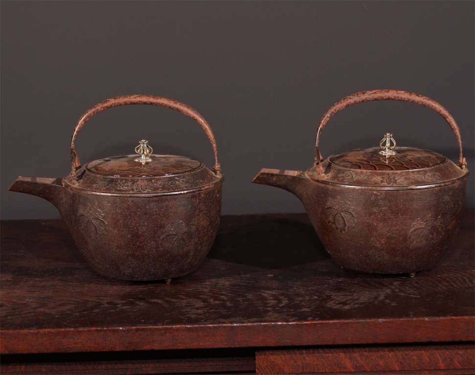 Pair of Japanese Iron & Lacquer Sake Kettles