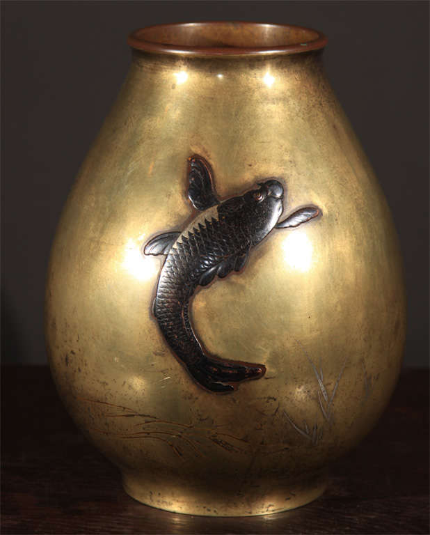 Japanese Bronze Flower Vase with Leaping Carp