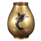 Japanese Bronze Flower Vase with Leaping Carp
