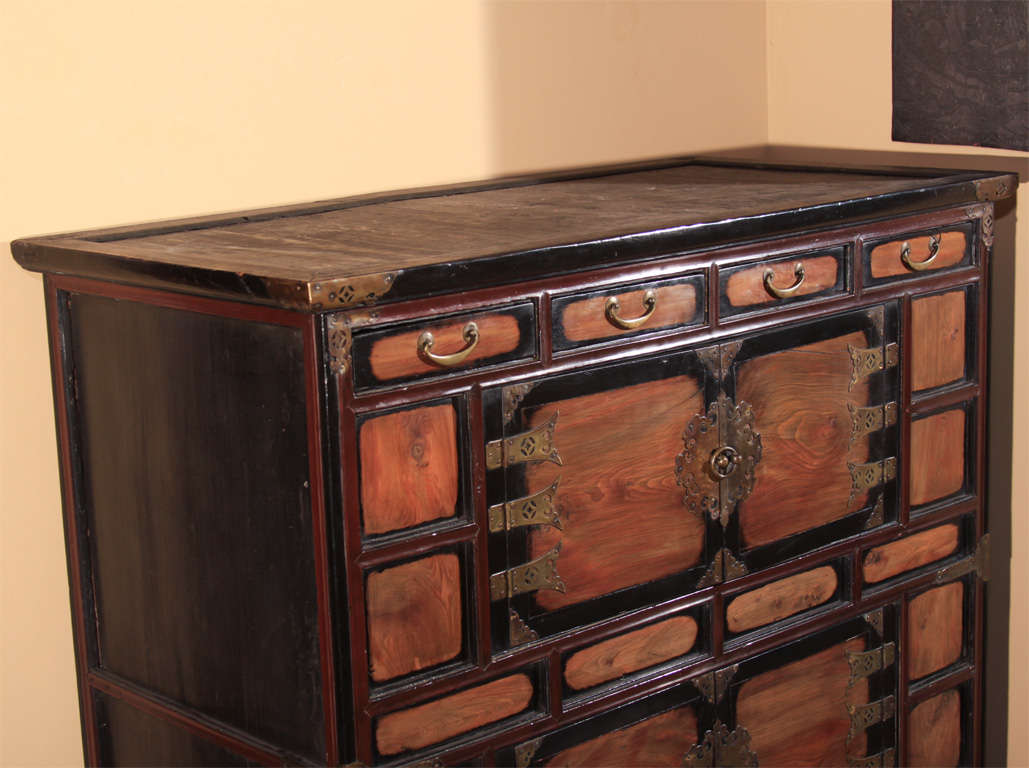 Brass Tall Korean Lacquered Wood Clothing Chest