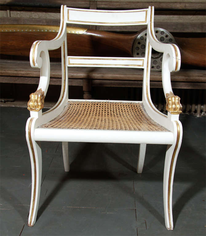 Pair of Regency White-Painted and Parcel-Gilt Armchairs In Good Condition For Sale In Long Island City, NY