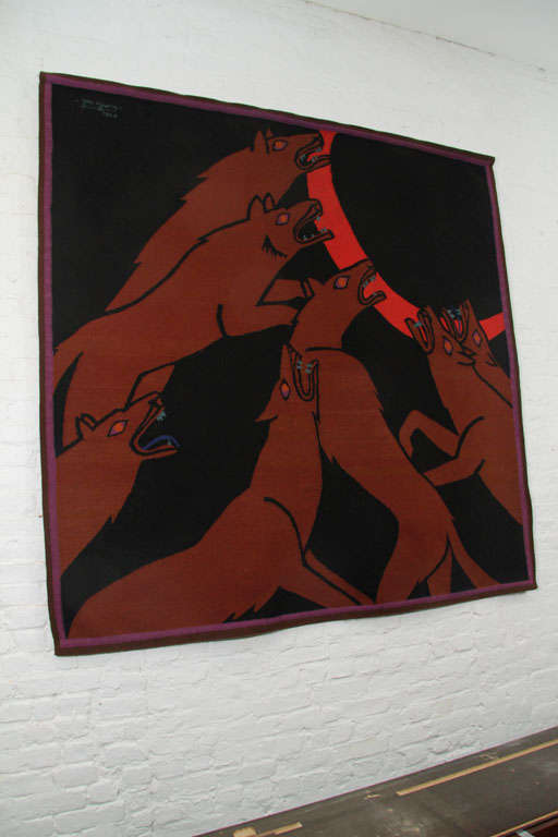 An early figurative tapestry by Jan Yoors, woven in 1956.  A square shape featuring wolves howling at the moon in brown, black and red with a distinctive band of purple at it's edge.

Jan Yoors' work has been exhibited at many galleries, museum, and