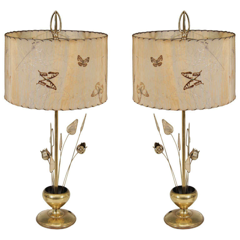Pair of Mid Century Butterfly Lamps in Brass w/ Matching Shades at 1stDibs