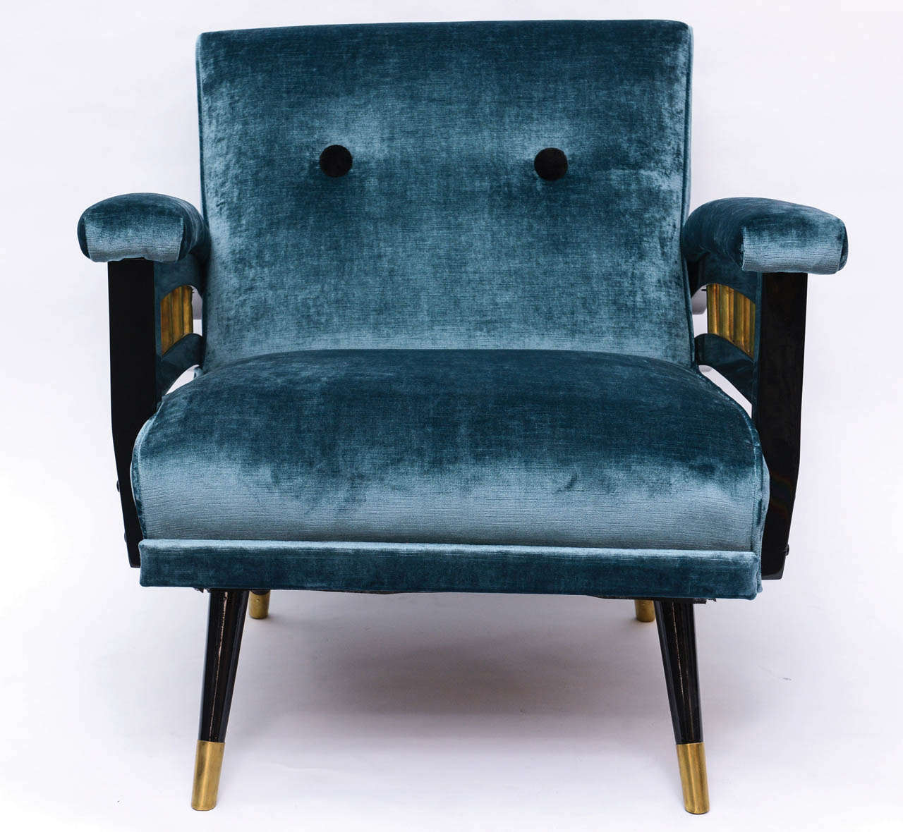 The chair wore blue velvet... wore it well.  
Recently redone in blue and black high gloss Polyurethane lacquer, this stunning rocking chair has been reupholstered and lacquer with the brass beautifully polished by our Furniture Restoration