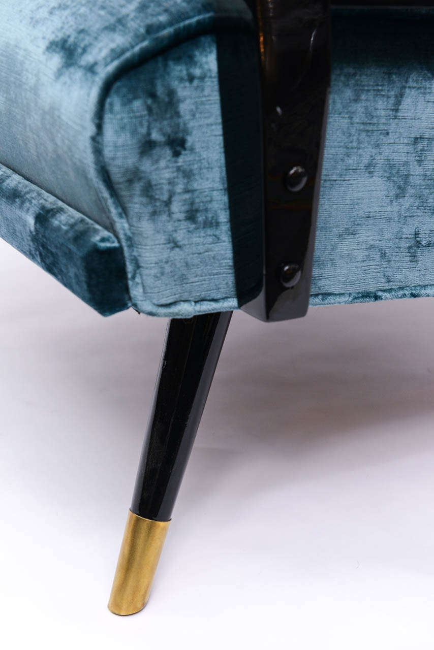 Stunning Mid-Century Blue Velvet and Black Lacquer Rocking Chair 1