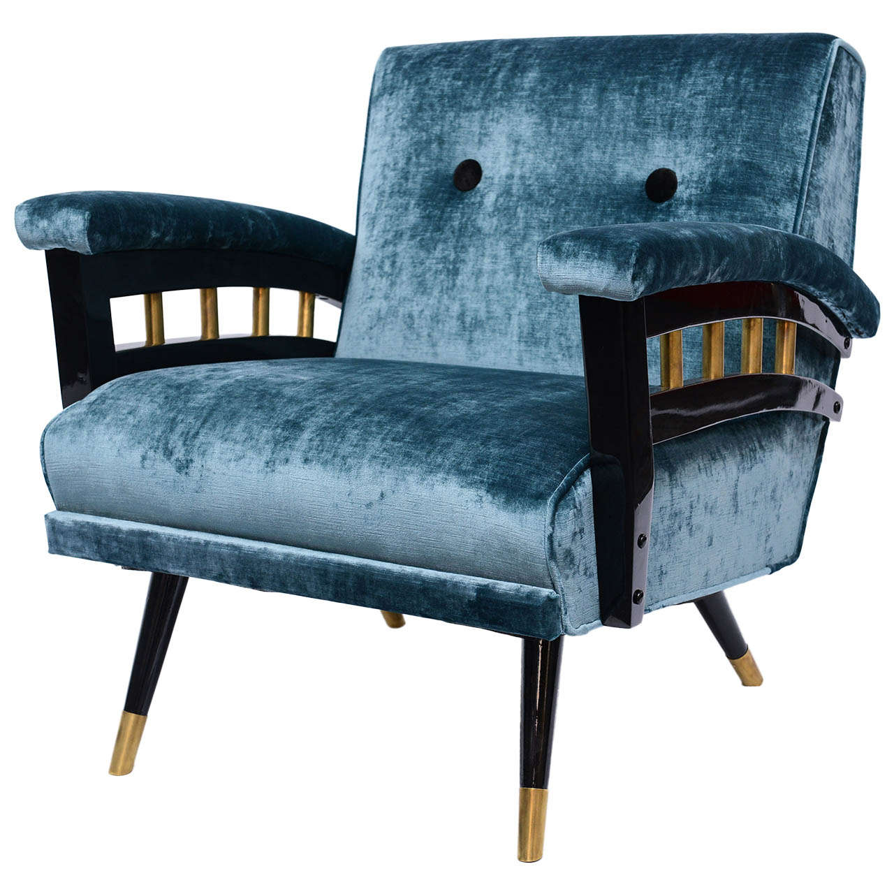 Stunning Mid-Century Blue Velvet and Black Lacquer Rocking Chair