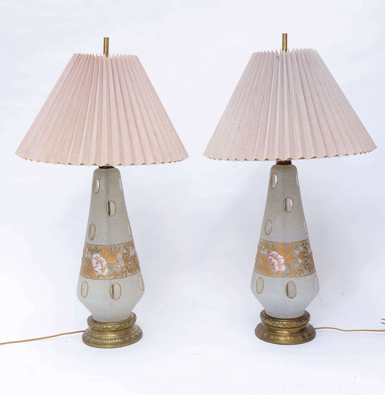 Beautiful Tall Table lamps that are hand painted Frosted glass.
Sweeten a room with these demure and feminine pieces.  Stunning frosted coin dot glass lamps circa 1950's, probably made by Fenton, (thought unmarked as never been on these periods).