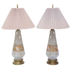 Vintage Stunning 1950's Pair of Fenton Coin Dot Frosted Glass Table Lamps
