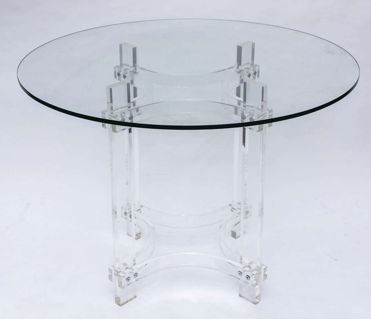 This is a replica of a classic Hollis Jones side table design, probably produced in the late 1960s.  All the structural pieces are clear acrylic, so the table will hardly take up any visual space in a room.  This table will work easily with many