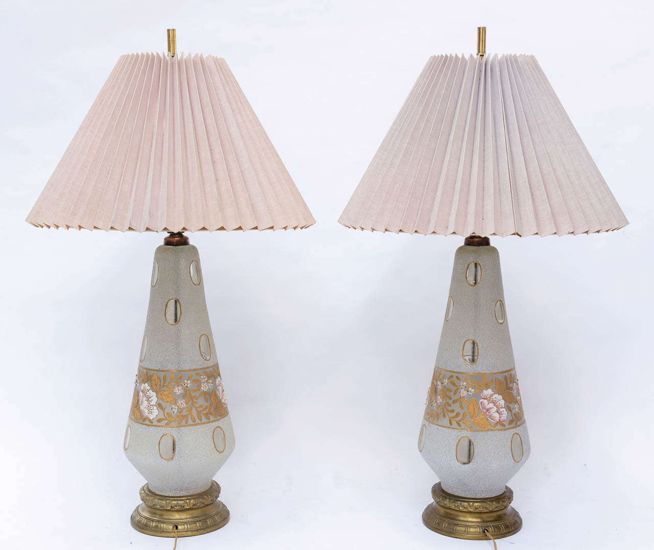 Stunning 1950's Pair of Fenton Coin Dot Frosted Glass Table Lamps For