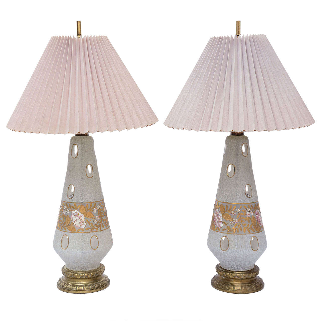 Stunning 1950's Pair of Fenton Coin Dot Frosted Glass Table Lamps For