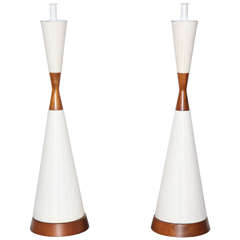 Substantial Pair Incised White Ceramic & Walnut Hourglass Table Lamps, C. 1950's