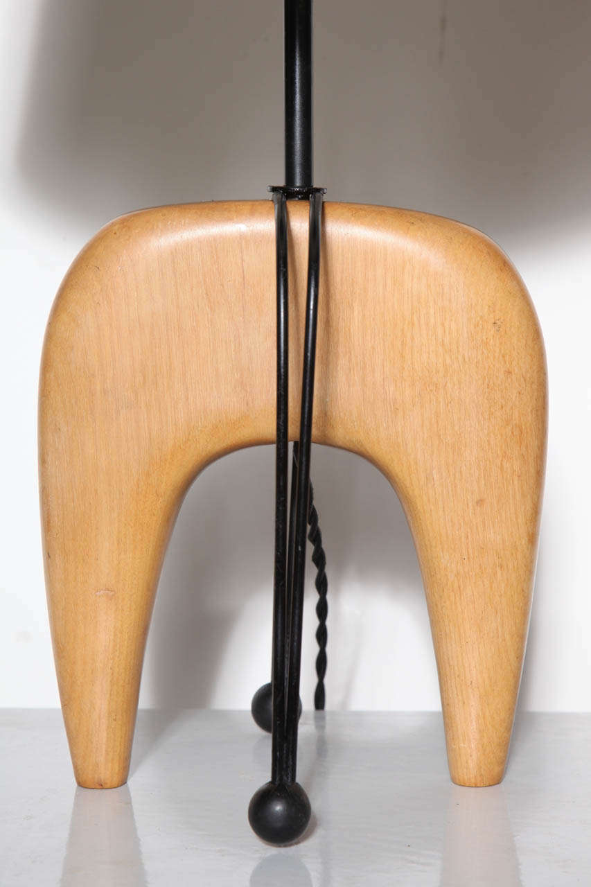 American 1950s Organic Modern Solid Maple and Black Wire Horseshoe Table Lamp