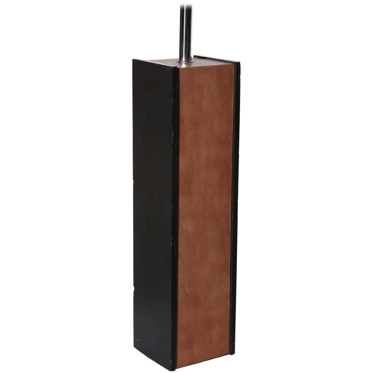 Tall Laurel Lamp Company Black Slate, Brown Leather, Chrome and Milk Glass Shade Table Lamp. Featuring a rectangular form with two sides covered in earthen Coffee Brown Leather and two sides in Black Slate. With a tubular chrome neck and milk glass