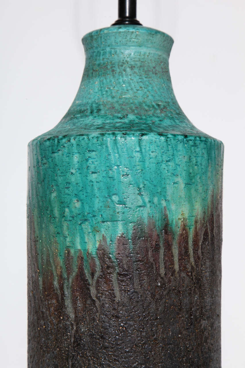 Glazed Marcello Fantoni Turquoise & Cocoa Drip Glaze Ceramic Table Lamp, 1950s