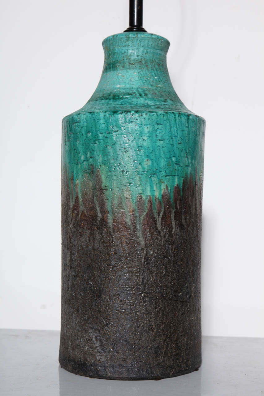 Mid-20th Century Marcello Fantoni Turquoise & Cocoa Drip Glaze Ceramic Table Lamp, 1950s